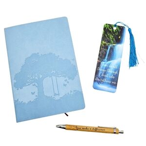 Tree of Life Faux Leather Journal Bamboo Pen Inspirational Bookmark Set Blue